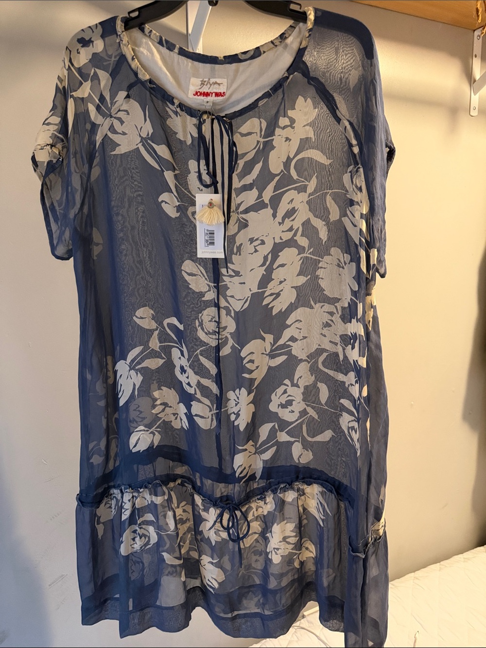 NWT 100%SILK Johnny Was Navy Blue Silk Floral Dress with Cream Print